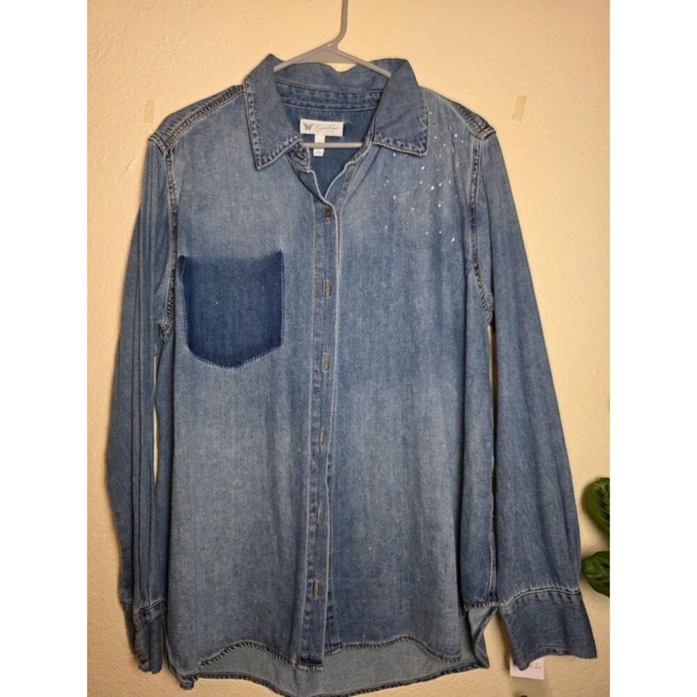 Jessica Simpson Embellished Denim Button-Up Shirt – Size L – NWT